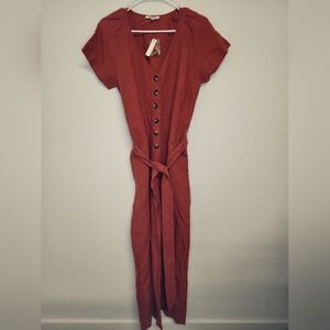 Madewell Linen-Cotton Pleat-Sleeve Jumpsuit Dark Cinnabar - Size 6